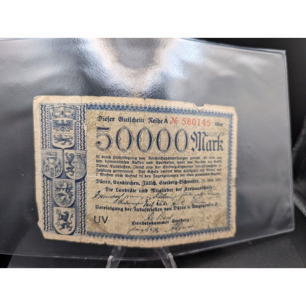 1923 Germany 50000 Mark Notgeld Inflation Paper Money Duren Euskirchen Julich